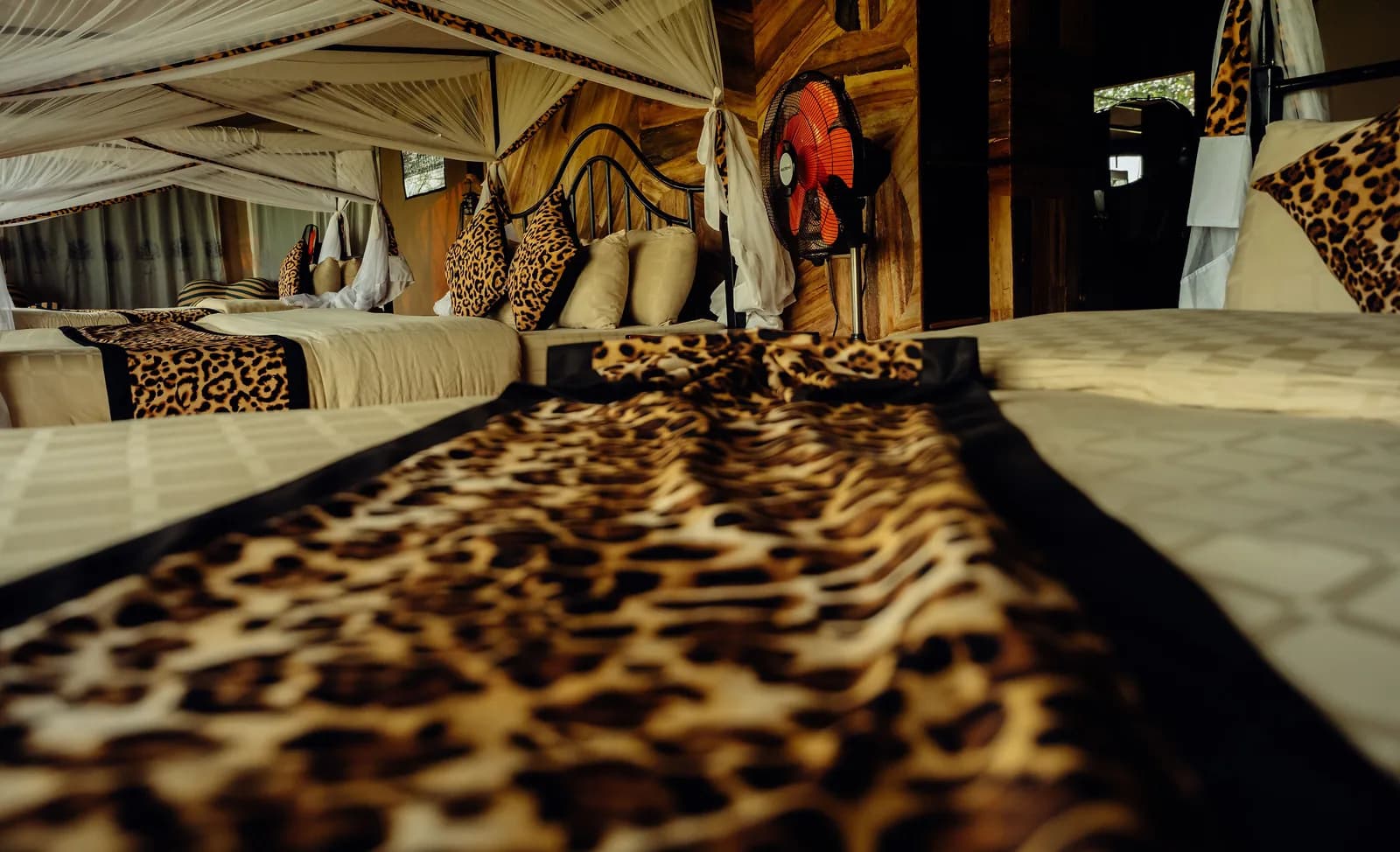 Beds with animal-print throws under mosquito nets in a tent