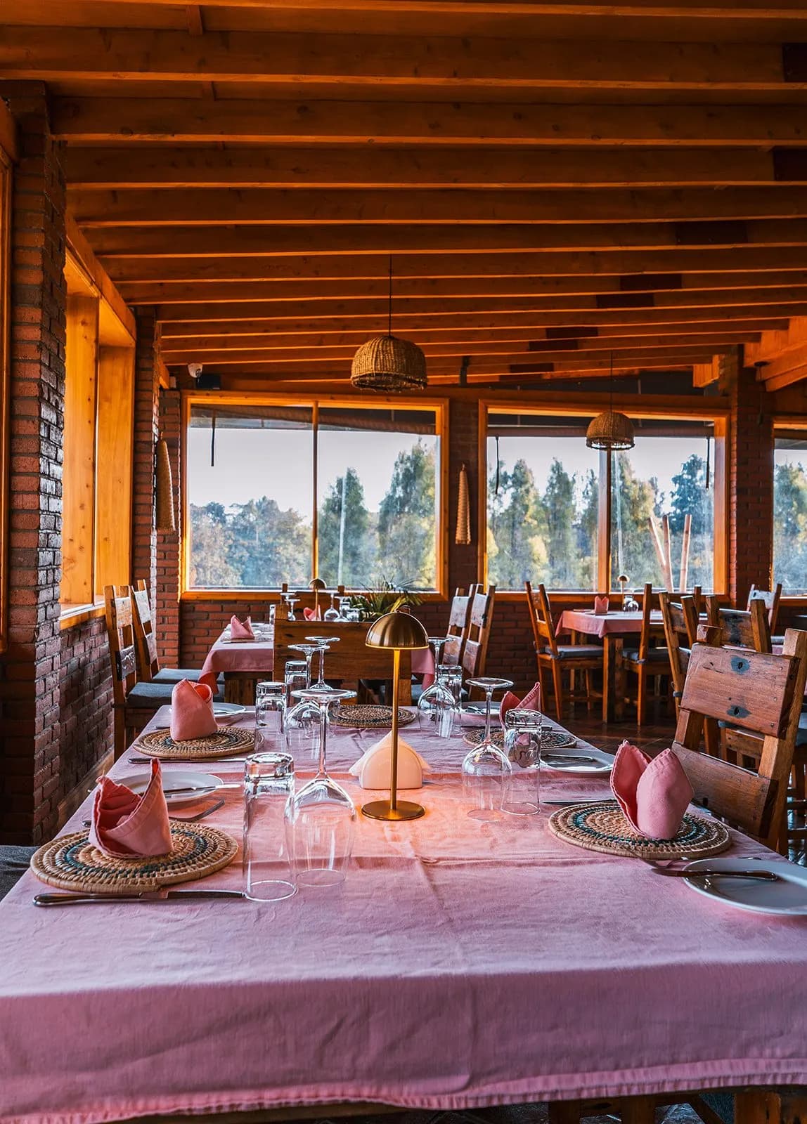 A dining table laid with pink linen and woven place mats by windows looking onto trees