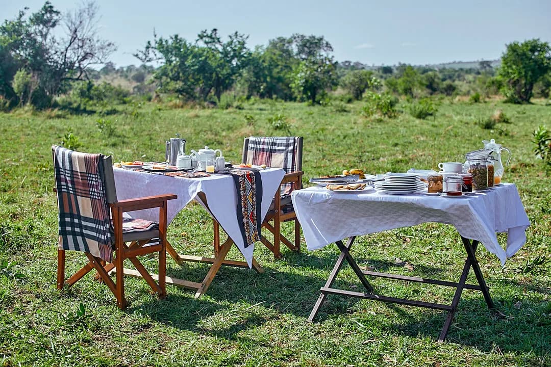 Breakfast tables set out on the grass